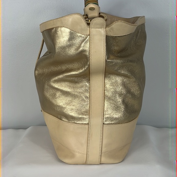 Casadei Cream & Gold Tone Purse with Striped Handle & Gold Tone Hardware - Picture 4 of 17